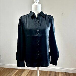 Ann Taylor Black Puff Sleeve Pleated Button-Down Blouse – Size SP